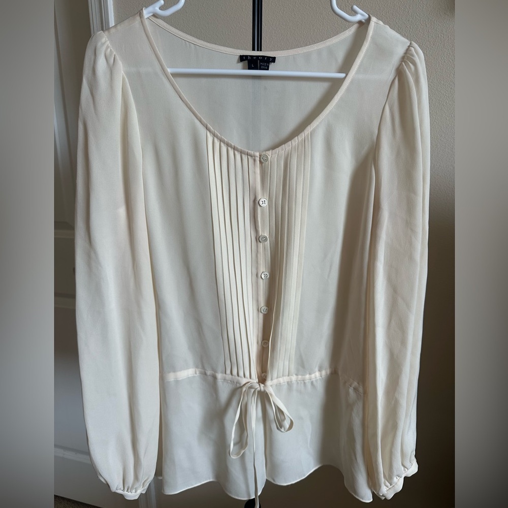 Theory Cream 💯 Silk Long-Sleeve Pleated Button Blouse